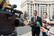 © Svitlana - Its worth daily. Journalists conducting interview of politician. Journalism industry, live streaming concept.