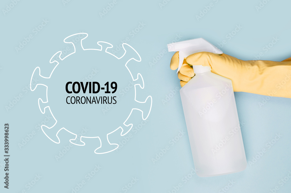 Spray to Cleaning and Disinfection Virus, Covid-19, Coronavirus Disease, Preventive Measures.  Sanitation and cleaner washing. Virus being killed by spray, disinfectant solution. Stop Covid-19. - obrazy, fototapety, plakaty 