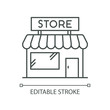 Convenience store pixel perfect linear icon. Grocery shop exterior. Small business in retail. Thin line customizable illustration. Contour symbol. Vector isolated outline drawing. Editable stroke