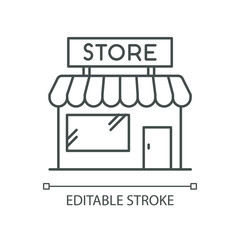 Sticker - Convenience store pixel perfect linear icon. Grocery shop exterior. Small business in retail. Thin line customizable illustration. Contour symbol. Vector isolated outline drawing. Editable stroke