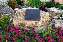 A Commemorative Plaque On A Stone And Beautiful Flower Bed.