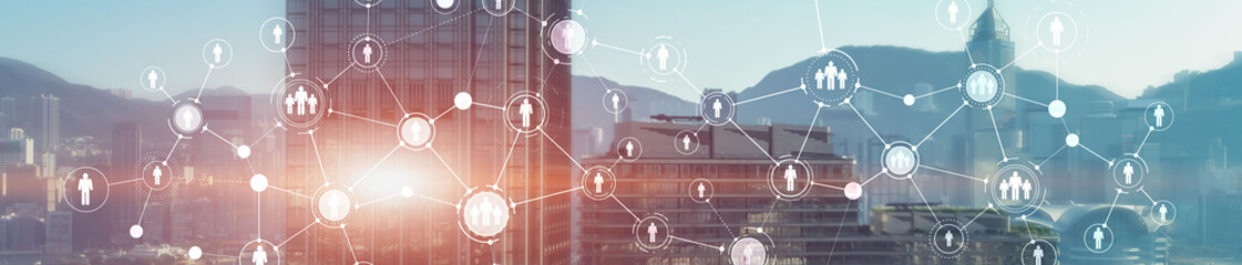 Wall Mural - human resource planning or business organisation on a virtual dashboard. mixed media website header 