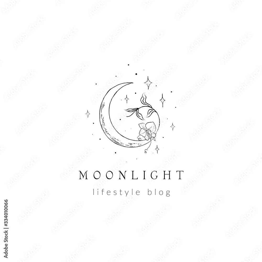 abstract hand drawn crescent moon logo with stars, orchid flower and leaves. icon, vector illustration in trendy line linear art style. Branding - obrazy, fototapety, plakaty 