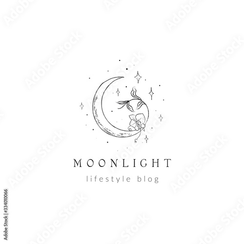 Fotomural abstract hand drawn crescent moon logo with stars, orchid flower and leaves