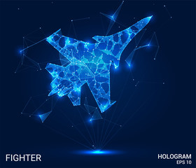 Wall Mural - hologram fighter. a fighter made of polygons, triangles of points and lines. plane is a low-poly com