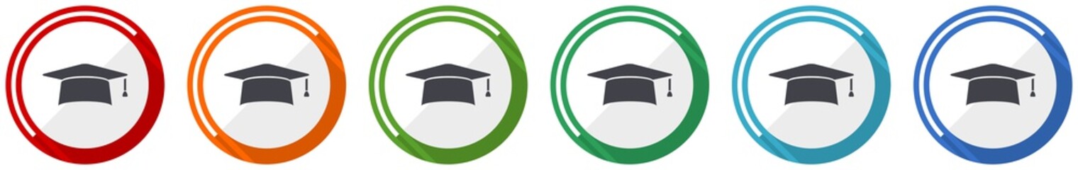 Graduation icon set, cap, education flat design vector illustration in 6 colors options for webdesign and mobile applications