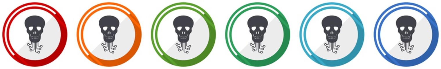 Aufkleber - Hack icon set, virus, circuit, skull, hacker flat design vector illustration in 6 colors options for webdesign and mobile applications