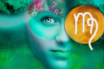 female face and astrological symbol virgo against the background of the moon