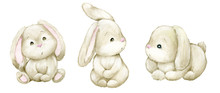 Small Bunnies On An Isolated Background. Watercolors, Animals, For The Easter Holiday. And Children's Holidays.