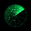 © bs_k1d - Green radar isolated on dark background. Military search system. HUD radar display. Vector illustration