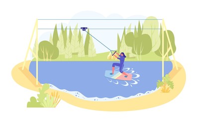 Sticker - Cable Wakeboarding in Natural Pond, Extreme Sport.