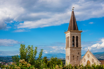 Wall Mural - The wonderful Spoleto Cathedral medieval facade and bell tower, a city landmark completed in the 13th century, with Umbria countryside