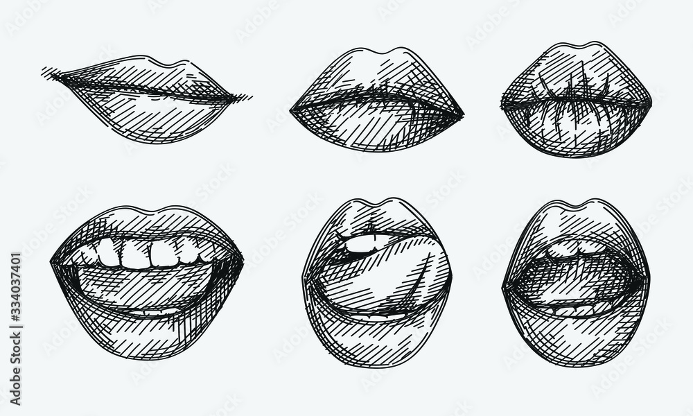 Hand-drawn sketch of lips set. Set of smiling and kissing lips, lips licking a tongue, smile with opened mouth, serious, sexy, seductive lips. - obrazy, fototapety, plakaty 