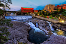 Spokane Falls And City Skyline Summer Evening