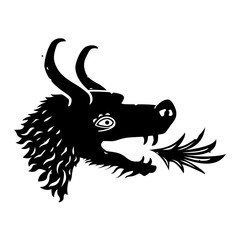 Black vector drawing of a medieval fantasy fire-breathing dragon head with horns. Can represent an emblem, a mythological creature, a coat of arms, an ornate crest, a quest, an adventure and more.