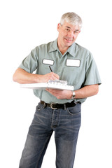 an adult male serviceman worker with blank name tag on shirt holding a clipboard.