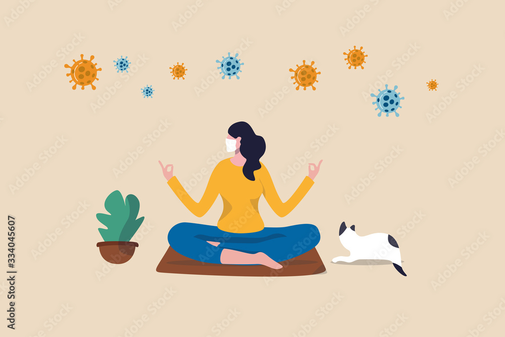 Stay calm at home by meditation or yoga in social distancing self isolation in COVID-19 Coronavirus outbreak lockdown concept, woman meditate and yoga at home to stay calm, COVID-19 virus around. - obrazy, fototapety, plakaty 