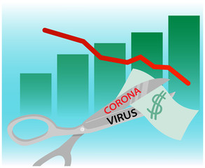 Coronavirus COVID-19 outbreak impact on global economy and stock markets, financial crisis concept. The graph of the fall of the economic market. Scissors, bills, money. 