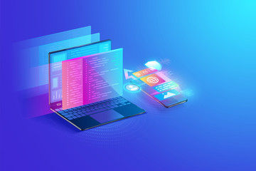 Wall Mural - web development, application design, coding and programming on laptop and smartphone concept with pr