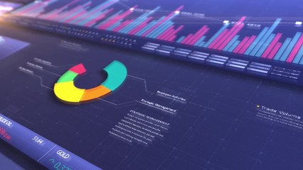 Leinwandbilder - Business stock market, trading, info graphic with animated graphs, charts and data numbers insight analysis to be shown on monitor display screen for business meeting mock up theme