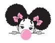 Vector illustration of a girl with afro puff hair blowing pink bubble gum.