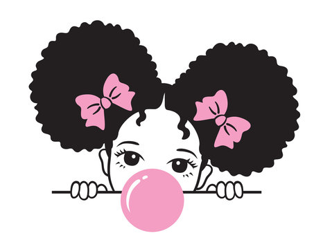 Fototapete - Vector illustration of a girl with afro puff hair blowing pink bubble gum.