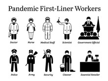 Virus Pandemic First-liner Workers. Vector Icons Of Doctor, Nurse, Medical Staff, Scientist, Government Official, Police, Army, Security Guard, Cleaner, And Essential Retailer Wearing Surgical Mask.
