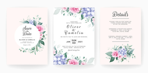 Floral wedding invitation card template set with watercolor floral arrangements and border. Flowers decoration for save the date, greeting, thank you, poster, cover. Botanic illustration vector