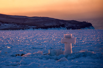 Wall Mural - Ice sculpture crosses on frozen Lake Baikal Siberia Russia winter