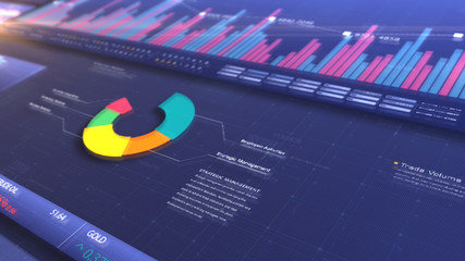 Leinwandbilder - Business stock market, trading, info graphic with animated graphs, charts and data numbers insight analysis to be shown on monitor display screen for business meeting mock up theme