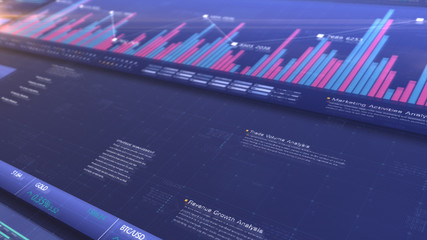 Sticker - Business stock market, trading, info graphic with animated graphs, charts and data numbers insight analysis to be shown on monitor display screen for business meeting mock up theme