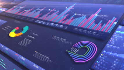Leinwandbilder - Business stock market, trading, info graphic with animated graphs, charts and data numbers insight analysis to be shown on monitor display screen for business meeting mock up theme