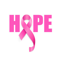 Wall Mural - Hope lettering design with pink ribbon. Breast Cancer Awareness Month Campaign. For poster, banner and t-shirt. Vector Illustration isolated on white background.