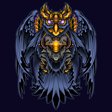 Owl Steampunk And Golden Armor Illustration For Tshirt Design