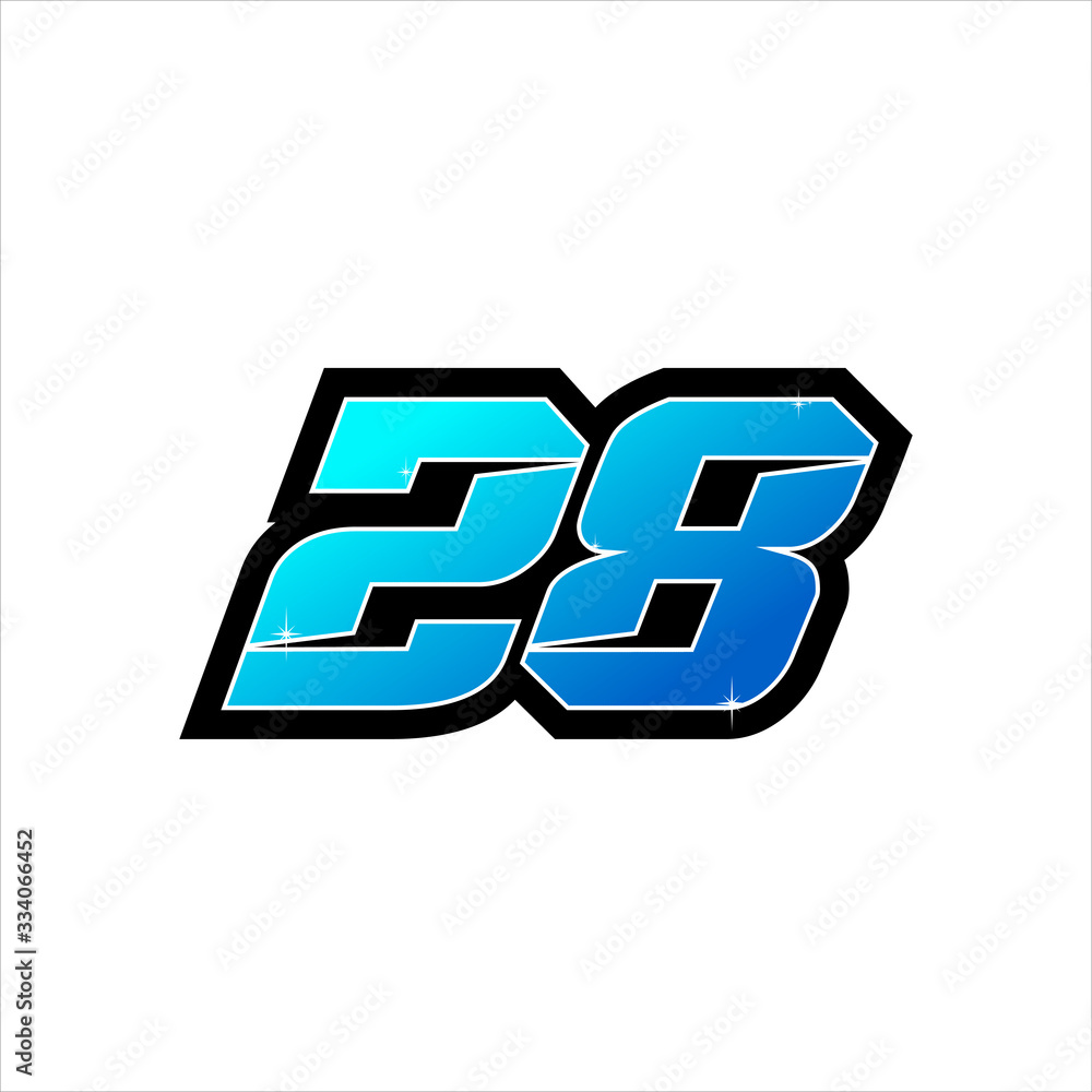 Vector Racing number 28, start racing number, sport race number with blue color isolated on white background