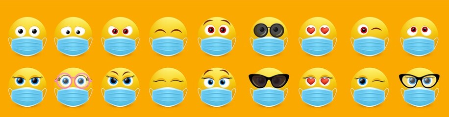 Corona virus face mask emoji set, vector isolated illustration