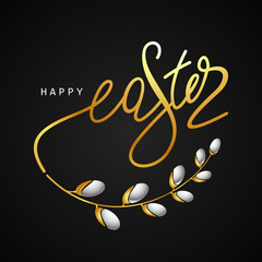 Wall Mural - Square banner Happy Easter with a golden inscription of willow branches on a black background. Vector illustration