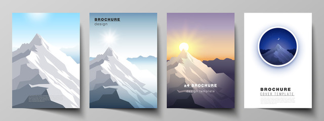 Vector layout of A4 format modern cover mockups design templates for brochure, magazine, flyer, booklet, report. Mountain illustration, outdoor adventure. Travel concept background. Flat design vector