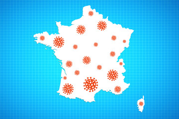 Wall Mural - Red virus icons on France map on blue background