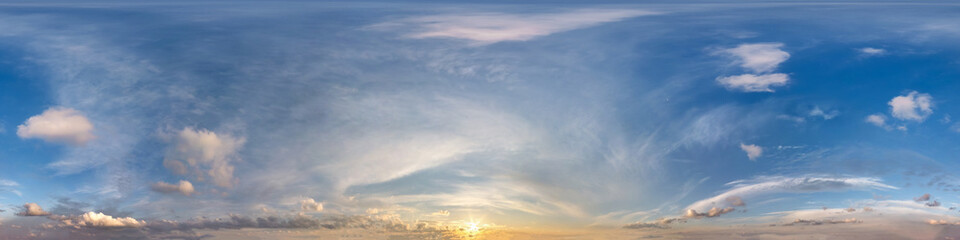 Wall Mural - dark blue sky before sunset with beautiful awesome clouds. Seamless hdri panorama 360 degrees angle view with zenith for use in graphics or game development as sky dome or edit drone shot