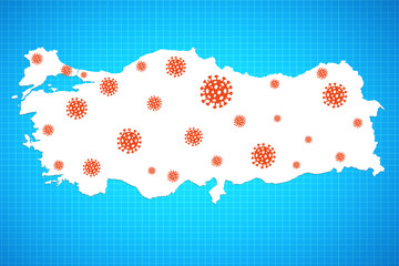 Wall Mural - Red virus icons on Turkey map on blue background