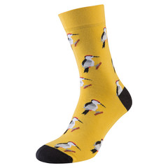 voluminous yellow male sock with a funny applique, on a white background, youth style