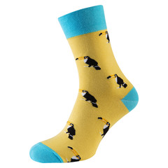 voluminous yellow male sock with turquoise elastic, funny applique, youth style, on a white background