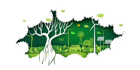 Wall Mural - Ecology concept with big tree and green eco life background.Environment conservation resource sustainable.Vector illustration.