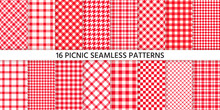 Picnic Tablecloth Seamless Pattern. Red Gingham Backgrounds. Vector. Plaid Cloth Napkin Textures. Set Checkered Kitchen Prints. Retro Wallpaper With Check Square Glen Houndstooth. Color Illustration