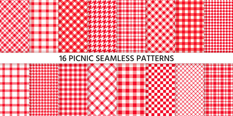 Picnic tablecloth seamless pattern. Red gingham backgrounds. Vector. Plaid cloth napkin textures. Set checkered kitchen prints. Retro wallpaper with check square glen houndstooth. Color illustration