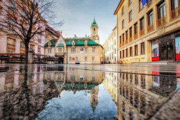 Bratislava, Slovakia - walk in the old city of Bratislava, view of the city.View on the Old town hall in reflection