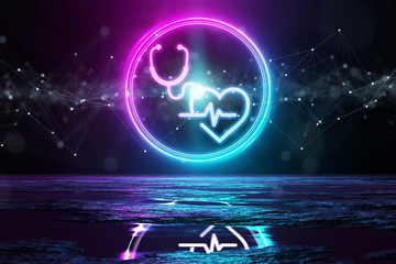 Wall Mural - Digital medical holographic icon illuminating the floor with blue and pink neon light 3D rendering