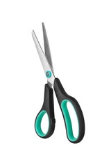 Silver metal open scissors with black plastic handles on white background isolated close up, steel cutting tool for paper, fabric clippers, hair shears, tailor pair of scissors, nobody, studio shot