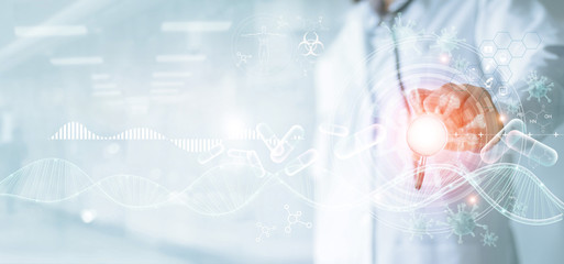 medicine doctor with stethoscope in hand touching global digital network healthcare and virus data s